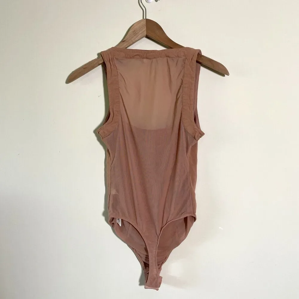 Free People Shes A Catch Bodysuit Top Sz S Nude Square Neck Sheer Back Stretch
